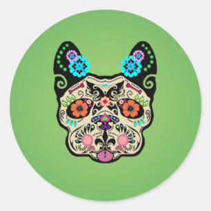 Adesivo Redondo Sugar Skull Frenchie - Verde