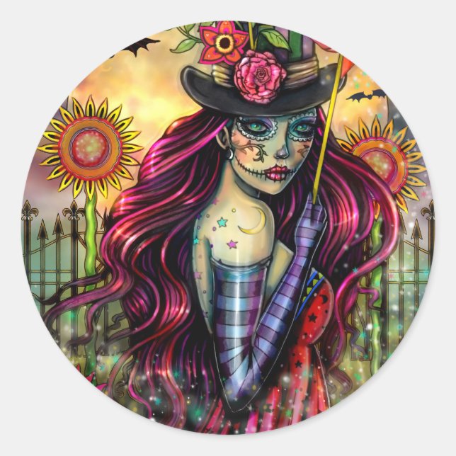 Adesivo Redondo Sugar Skull Girl Fantasy Halloween Art (Frente)