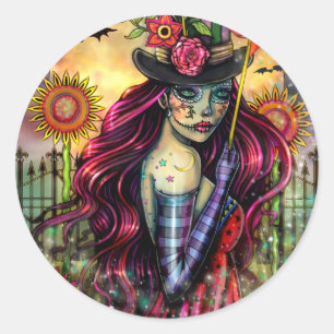 Adesivo Redondo Sugar Skull Girl Fantasy Halloween Art