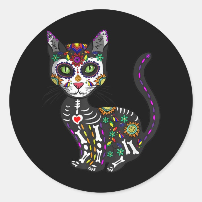 Adesivo Redondo Sugar Skull Mexican Cat Halloween Day Of The Dead (Frente)