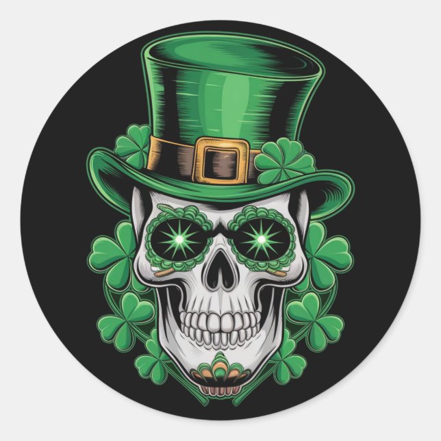 Adesivo Redondo Sugar Skull Rua Patrick Day Lucky Shamrock (Frente)