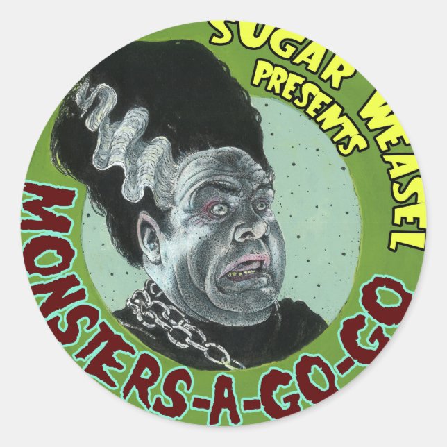 Adesivo Redondo Sugar Weasel apresenta Monstros-A-Go-Go (Frente)
