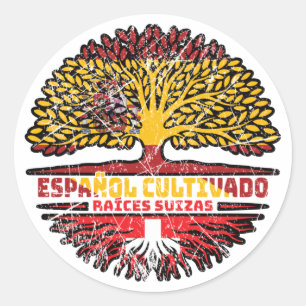 Adesivo Redondo Suiça Espanha Suíça Bandeira Raízes da Árvore Espa