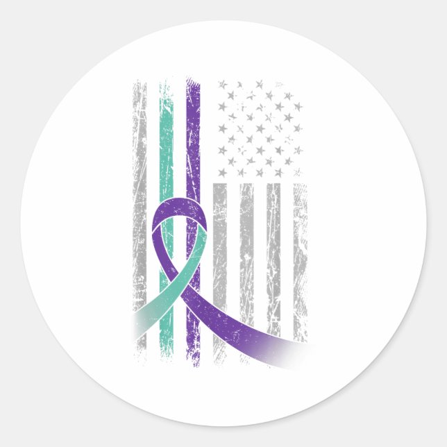 Adesivo Redondo Suicide Prevention Awareness America Flag Teal Pur (Frente)