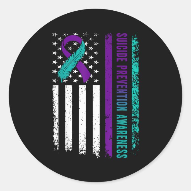 Adesivo Redondo Suicide Prevention Awareness American Flag Ribbon  (Frente)