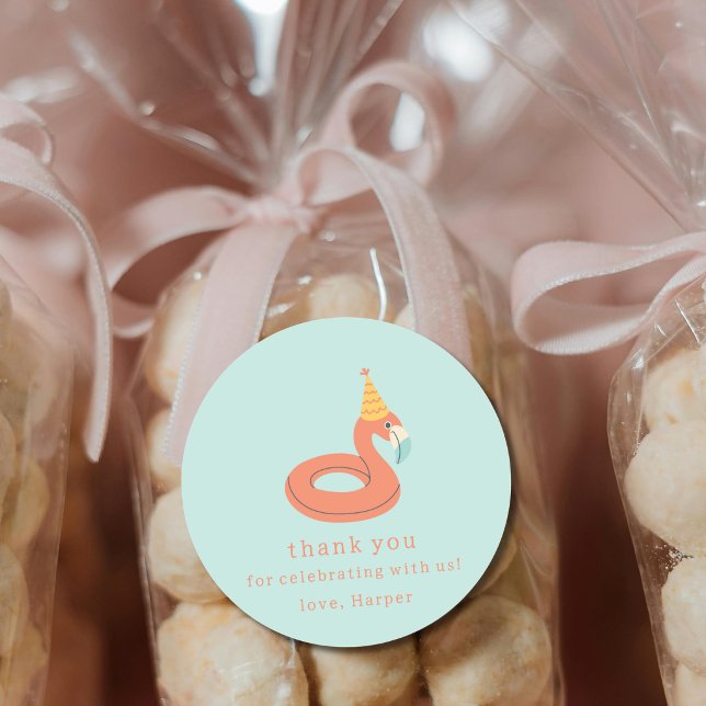 Adesivo Redondo summer flamingo float kids birthday pool party (flamingo birthday pool party personalized name thank you party favor sticker label)