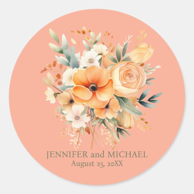 Adesivo Redondo Summer Peach e Green Floral Weding (Frente)