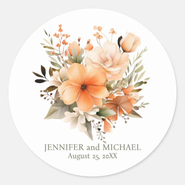 Adesivo Redondo Summer Peach e Green Floral Weding (Frente)