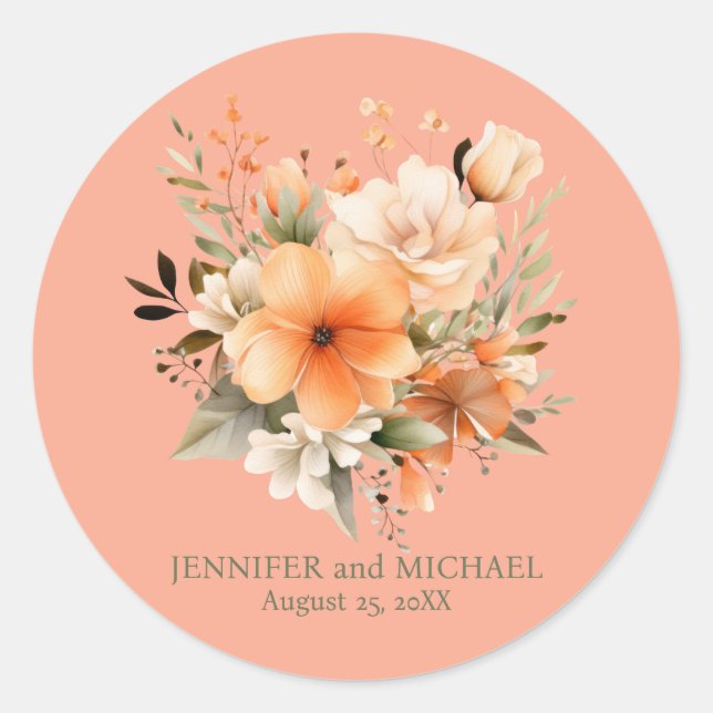 Adesivo Redondo Summer Peach e Green Floral Weding (Frente)