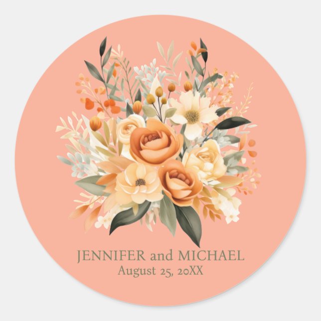 Adesivo Redondo Summer Peach e Green Floral Weding (Frente)