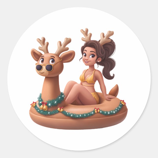 Adesivo Redondo Summer Reindeer Holiday Fun Pool Party Design (Frente)