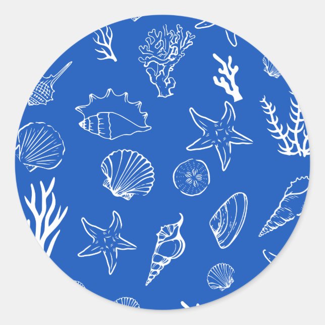 Adesivo Redondo Summer Seashells Frame Beach Wedding Blue (Frente)