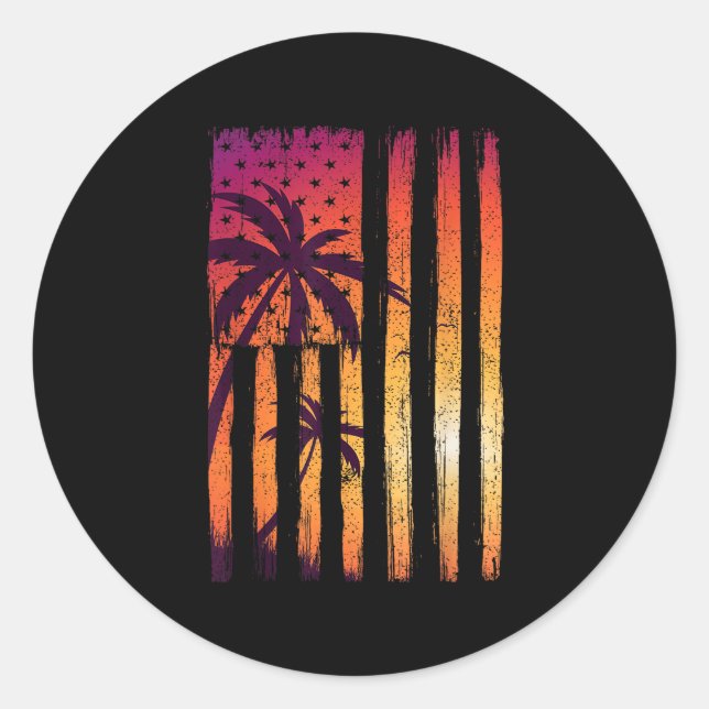 Adesivo Redondo Summer Sunset Palm Trees American Flag Primavera,  (Frente)