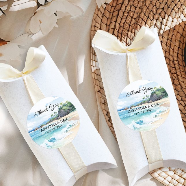 Adesivo Redondo Summer Tropical Beach Weding Obrigado Favor (Wedding Favor stickers from the Summer Beach Wedding Collection by Darling & May)
