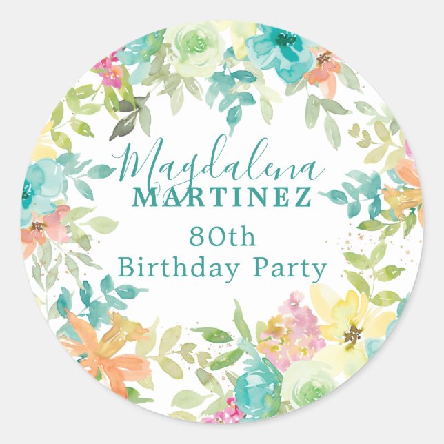 Adesivo Redondo Summer Watercolor Floral Custom 80 Birthday (Frente)