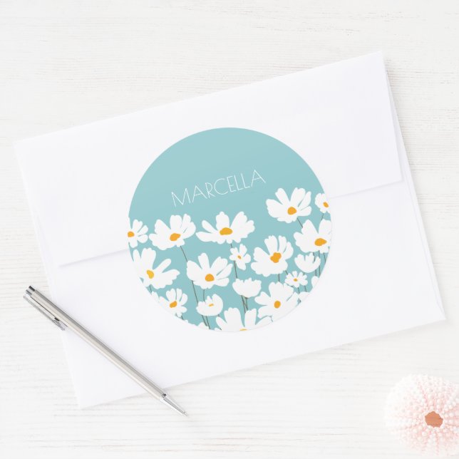 Adesivo Redondo Summer White Cosmos Flowers Nome Personalizado (Envelope)