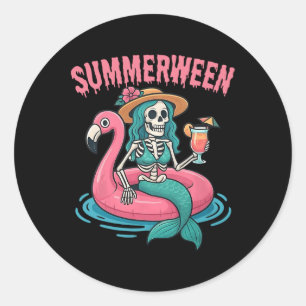 Adesivo Redondo Summerentre Mermaid Skeleton Beach Flamingo Hallow