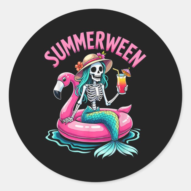Adesivo Redondo Summerween Mermaid Skeleton Beach Flamingo Hallowe (Frente)