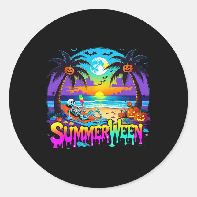 Adesivo Redondo Summerween Skeleton Ghost Beach Funny Spooky Hallo (Frente)