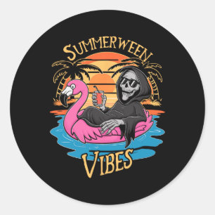 Adesivo Redondo Summerween Vibes Skeleton Flamingo Spooky Hallowee