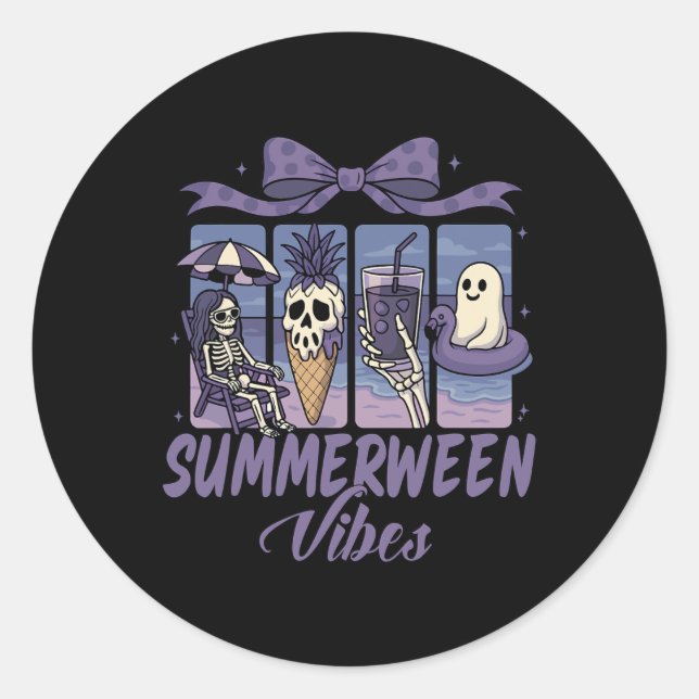 Adesivo Redondo Summerween Vibes Skeleton Ghost Beach Party Hallow (Frente)