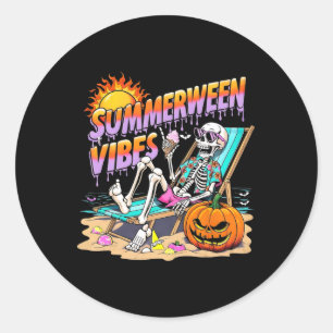 Adesivo Redondo Summerween Vibes Skeleton Pumpkin Férias Spooky