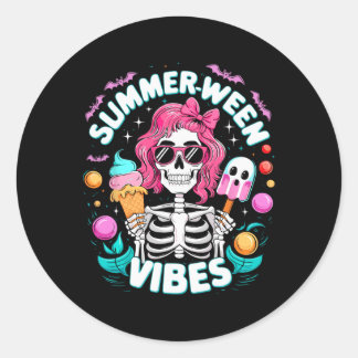 Adesivo Redondo Summerween Vibes Skeleton Spooky Vacation Hallowee