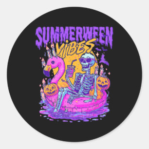Adesivo Redondo Summerwin Skeleton Float Halloween Vibes Flamingo