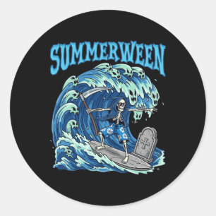 Adesivo Redondo Summerwin Skeleton Surf Grim Reaper Beach Spooky