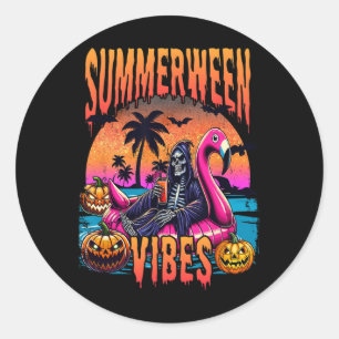 Adesivo Redondo Summerwin Vibes Halloween Férias de Verão Skeleto