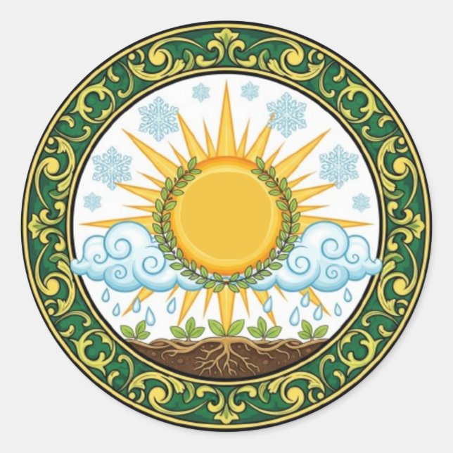 Adesivo Redondo Sun and Rain Nature Cycle Botanical Emblem ART (Frente)