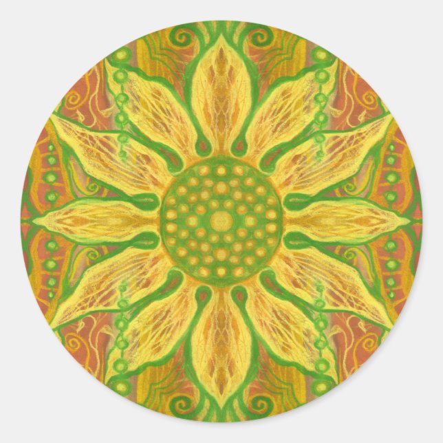 Adesivo Redondo Sun Flower bohemian art amarelo laranja verde (Frente)