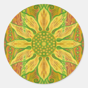 Adesivo Redondo Sun Flower bohemian art amarelo laranja verde
