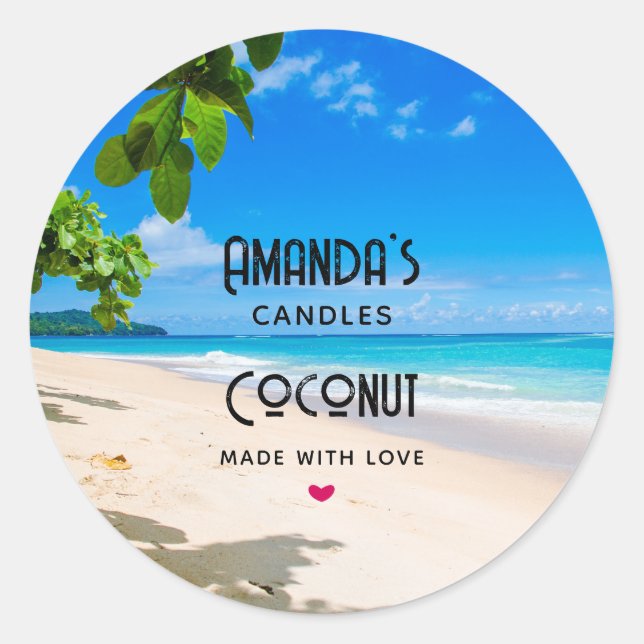 Adesivo Redondo Sun Sand e Surf Tropical Beach Candle Business (Frente)