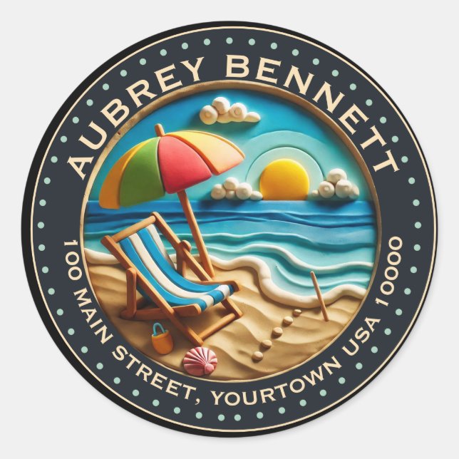 Adesivo Redondo Sun & Surf Beach Clay Nome e endereço da arte (Frente)