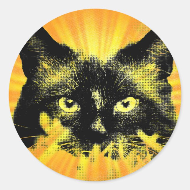 Adesivo Redondo Sunburst Kitty Cat Abstrato Feline Art Sticker (Frente)