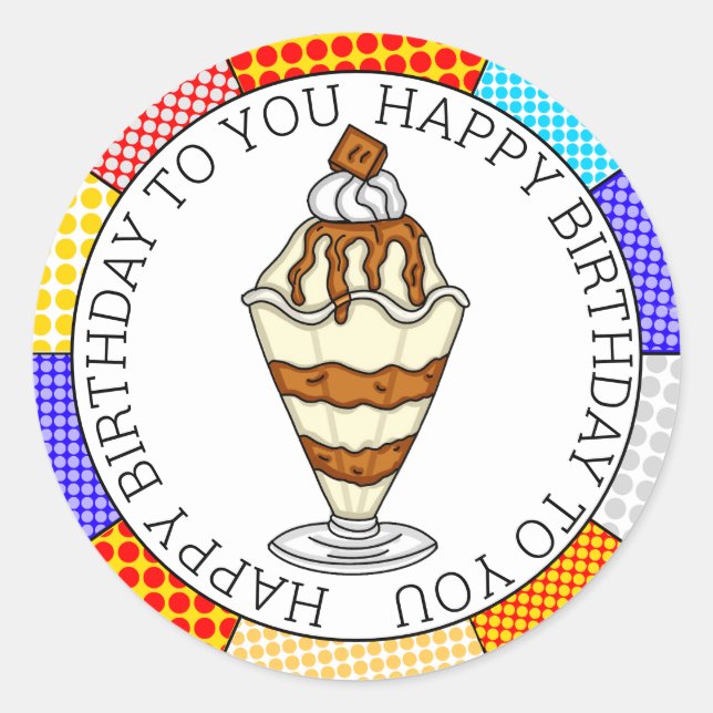 Adesivo Redondo Sundae do Sorvete Caramel de Arte Pop (Frente)