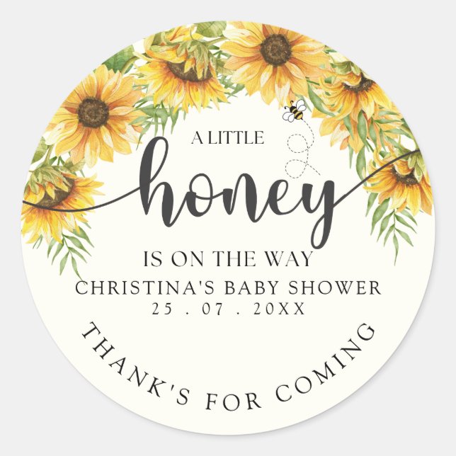 Adesivo Redondo Sunflower Bee Baby Shower Gender Neutral (Frente)