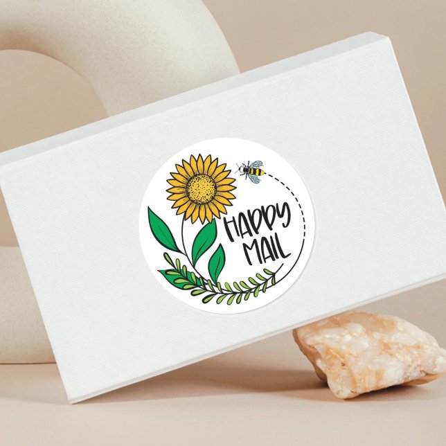 Adesivo Redondo Sunflower Bee Happy Mail Vinheta para pequenas emp (Criador carregado)
