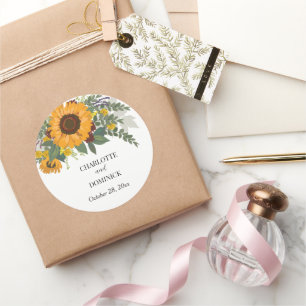 Adesivo Redondo Sunflower Buquê Floral Nome do Casal Casamento