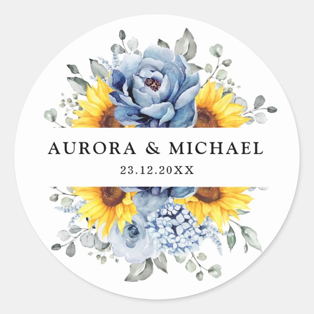Adesivo Redondo Sunflower Dusty Blue Slate Peony Casamento Floral (Frente)
