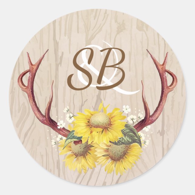 Adesivo Redondo Sunflower e Antlers Rustic Country Weding (Frente)