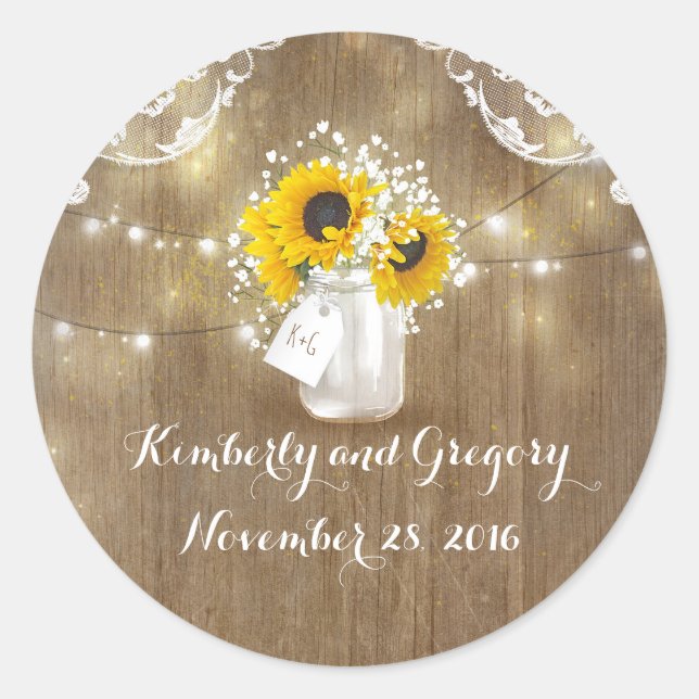 Adesivo Redondo Sunflower e Baby Breath Rustic Mason Jar (Frente)