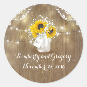 Adesivo Redondo Sunflower e Baby Breath Rustic Mason Jar