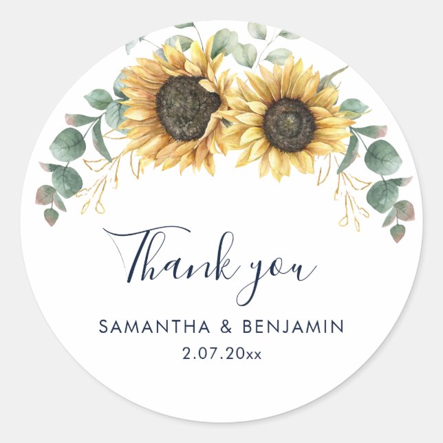 Adesivo Redondo Sunflower Floral Wedding Thank You Favor (Frente)