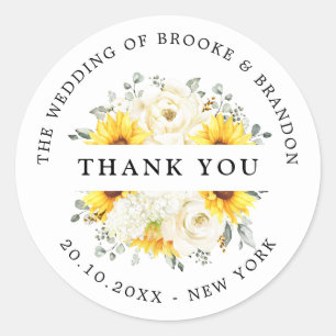 Adesivo Redondo Sunflower Ivory Peony Casamento Floral Obrigado