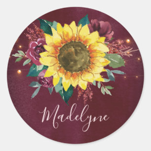 Adesivo Redondo Sunflower Lights Floral Burguny Name