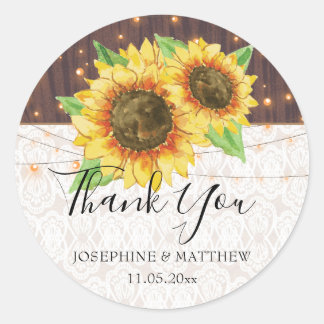 Adesivo Redondo Sunflower Lights Lace Wood Casamento Obrigado