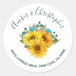 Adesivo Redondo Sunflower Teal Rosas Endereço Casamento Envelope S