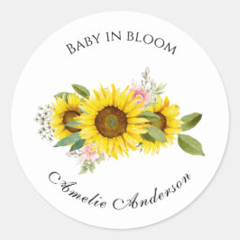 Adesivo Redondo Sunflower Watercolor Pink Floral Baby Shower